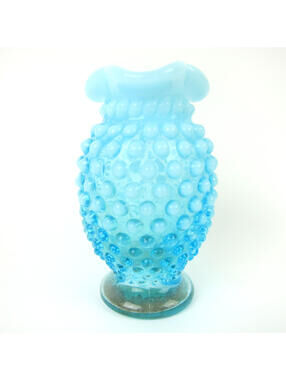 Vintage Fenton Blue Opalescent Glass Hobnail Mini Vase 4.3" Crimped Ruffle Rim